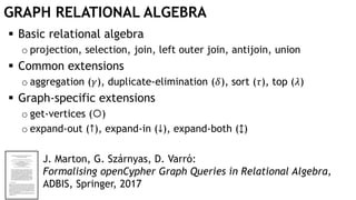 GRAPH RELATIONAL ALGEBRA
 Basic relational algebra
o projection, selection, join, left outer join, antijoin, union
 Common extensions
o aggregation (𝛾), duplicate-elimination (𝛿), sort (𝜏), top (𝜆)
 Graph-specific extensions
o get-vertices ()
o expand-out (↑), expand-in (↓), expand-both (↕)
J. Marton, G. Szárnyas, D. Varró:
Formalising openCypher Graph Queries in Relational Algebra,
ADBIS, Springer, 2017
 