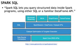 SPARK SQL
 “Spark SQL lets you query structured data inside Spark
programs, using either SQL or a familiar DataFrame API.”
http://www.gatorsmile.io/sparksqloverview/
http://www.gatorsmile.io/sparksqloverview/
 