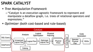 SPARK CATALYST
 Tree Manipulation Framework
o “Catalyst is an execution-agnostic framework to represent and
manipulate a dataflow graph, i.e. trees of relational operators and
expressions.”
 Optimizer (both cost-based and rule-based)
Catalyst
 