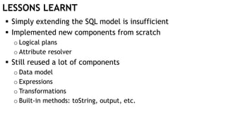 LESSONS LEARNT
 Simply extending the SQL model is insufficient
 Implemented new components from scratch
o Logical plans
o Attribute resolver
 Still reused a lot of components
o Data model
o Expressions
o Transformations
o Built-in methods: toString, output, etc.
 