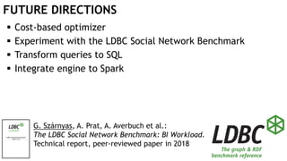 FUTURE DIRECTIONS
 Cost-based optimizer
 Experiment with the LDBC Social Network Benchmark
 Transform queries to SQL
 Integrate engine to Spark
G. Szárnyas, A. Prat, A. Averbuch et al.:
The LDBC Social Network Benchmark: BI Workload.
Technical report, peer-reviewed paper in 2018
 