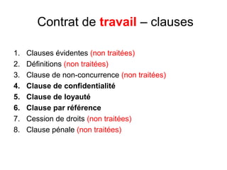 Contrat de travail – clauses
1. Clauses évidentes (non traitées)
2. Définitions (non traitées)
3. Clause de non-concurrence (non traitées)
4. Clause de confidentialité
5. Clause de loyauté
6. Clause par référence
7. Cession de droits (non traitées)
8. Clause pénale (non traitées)
 