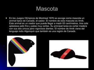 Mascota En los Juegos Olímpicos de Montreal 1976 se escoge como mascota un animal típico de Canadá, el castor. El nombre de esta mascota es Amik. Este animal es un roedor que puede llegar a medir 65 centímetros, tine cola aplastasa pelo fino y patas muy cortas. Su principal tarea es cortar madera con sus dos únicos pero vigorosos dientes. El nombre de Amik viene del lenguaje indio Algonquin que también es una región de Canadá.  