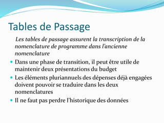 Tables de Passage
Les tables de passage assurent la transcription de la
nomenclature de programme dans l’ancienne
nomencla...