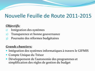 Nouvelle Feuille de Route 2011-2015
Objectifs:
1) Intégration des systèmes
2) Transparence et bonne gouvernance
3) Poursuite des réformes budgétaires
Grands chantiers:
 Intégration des systèmes informatiques à travers le GIFMIS
 Compte Unique du Trésor
 Développement de l’autonomie des programmes et
simplification des règles de gestion du budget
 