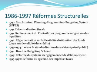 1986-1997 Réformes Structurelles
 1990: Synchronized Planning-Programming-Budgeting System
(SPPBS)
 1991: Décentralisation fiscale
 1991: Renforcement du Contrôle des programmes et gestion des
liquidités
 1992: Réglementation sur la flexibilité d’utilisation des fonds
(deux ans de validité des crédits)
 1993-1994: Loi sur la standardisation des salaires (privé/public)
 1994: Baseline Budgeting Scheme
 1995: Réforme du système d’engagement et de déboursement
 1995-1997: Réforme du système des impôts et taxes
 