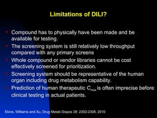 Limitations of DILI?

   Compound has to physically have been made and be
    available for testing.
   The screening system is still relatively low throughput
    compared with any primary screens
   Whole compound or vendor libraries cannot be cost
    effectively screened for prioritization.
   Screening system should be representative of the human
    organ including drug metabolism capability.
   Prediction of human therapeutic Cmax is often imprecise before
    clinical testing in actual patients.


Ekins, Williams and Xu, Drug Metab Dispos 38: 2302-2308, 2010
 