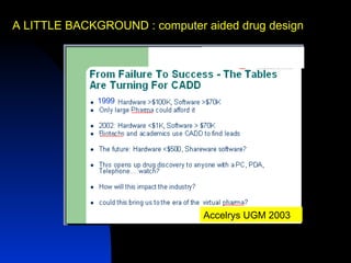 A LITTLE BACKGROUND : computer aided drug design




              1999




                               Accelrys UGM 2003
 