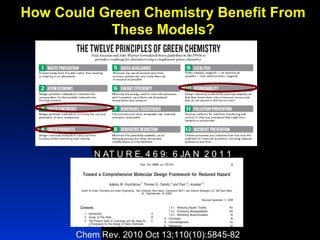 How Could Green Chemistry Benefit From
           These Models?


      …




           N AT U R E, 4 6 9: 6 JA N 2 0 1 1




       Chem Rev. 2010 Oct 13;110(10):5845-82
 