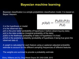 Bayesian machine learning

Bayesian classification is a simple probabilistic classification model. It is based on
Bayes’ theorem




h is the hypothesis or model
d is the observed data
p(h) is the prior belief (probability of hypothesis h before observing any data)
p(d) is the data evidence (marginal probability of the data)
p(d|h) is the likelihood (probability of data d if hypothesis h is true)
p(h|d) is the posterior probability (probability of hypothesis h being true given the
observed data d)

A weight is calculated for each feature using a Laplacian-adjusted probability
estimate to account for the different sampling frequencies of different features.

The weights are summed to provide a probability estimate

Ekins, Williams and Xu, Drug Metab Dispos 38: 2302-2308, 2010
 