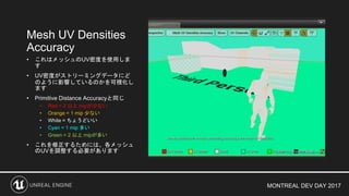 MONTREAL DEV DAY 2017
Mesh UV Densities
Accuracy
• これはメッシュのUV密度を使用しま
す
• UV密度がストリーミングデータにど
のように影響しているのかを可視化し
ます
• Primitive Distance Accuracyと同じ
• Red = 2 以上 mipが少ない
• Orange = 1 mip 少ない
• White = ちょうどいい
• Cyan = 1 mip 多い
• Green = 2 以上 mipが多い
• これを修正するためには、各メッシュ
のUVを調整する必要があります
 