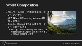 MONTREAL DEV DAY 2017
• 広いワールド向けの専用ストリーミ
ングシステム
• 過去のLevel Streaming volumeは機
能しません
• しかし、Blueprintによるストリーミ
ングは動作します
• Pro Tip: Level Streaming Volumeのよう
な機能を持つBlueprintを簡単に作れるし
、同じように動作します
World Composition
 