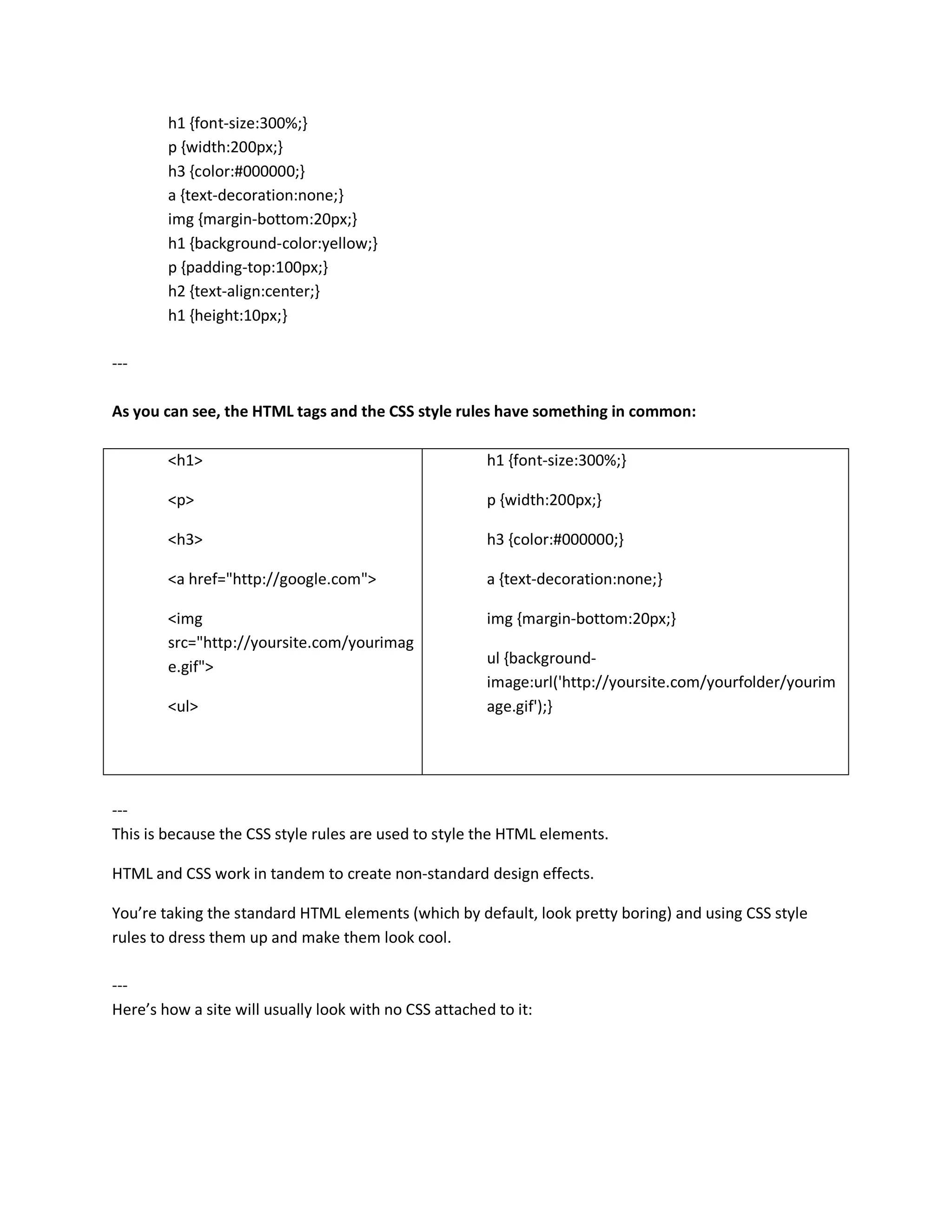 h1 {font-size:300%;}
        p {width:200px;}
        h3 {color:#000000;}
        a {text-decoration:none;}
        img {margin-bottom:20px;}
        h1 {background-color:yellow;}
        p {padding-top:100px;}
        h2 {text-align:center;}
        h1 {height:10px;}

---

As you can see, the HTML tags and the CSS style rules have something in common:

        <h1>                                            h1 {font-size:300%;}

        <p>                                             p {width:200px;}

        <h3>                                            h3 {color:#000000;}

        <a href="http://google.com">                    a {text-decoration:none;}

        <img                                            img {margin-bottom:20px;}
        src="http://yoursite.com/yourimag
                                                        ul {background-
        e.gif">
                                                        image:url('http://yoursite.com/yourfolder/yourim
        <ul>                                            age.gif');}




---
This is because the CSS style rules are used to style the HTML elements.

HTML and CSS work in tandem to create non-standard design effects.

You’re taking the standard HTML elements (which by default, look pretty boring) and using CSS style
rules to dress them up and make them look cool.

---
Here’s how a site will usually look with no CSS attached to it:
 