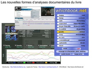 Les nouvelles formes d’analyses documentaires du livre BookLamp :  http://beta.booklamp.org  - Lignes de Temps :  http://www.iri.centrepompidou.fr  - WhichBook : http://www.whichbook.net 