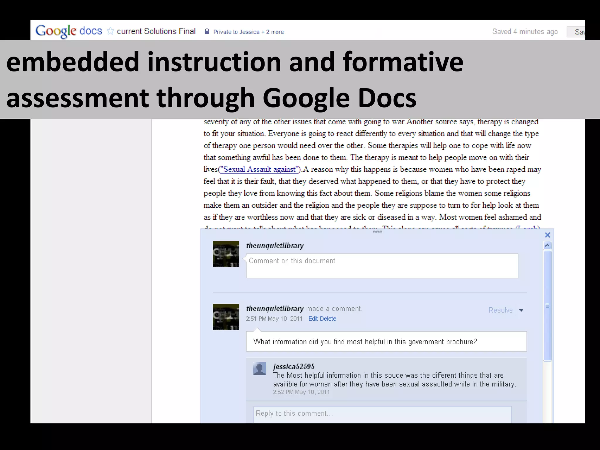 embedded instruction and formative assessment through Google Docs