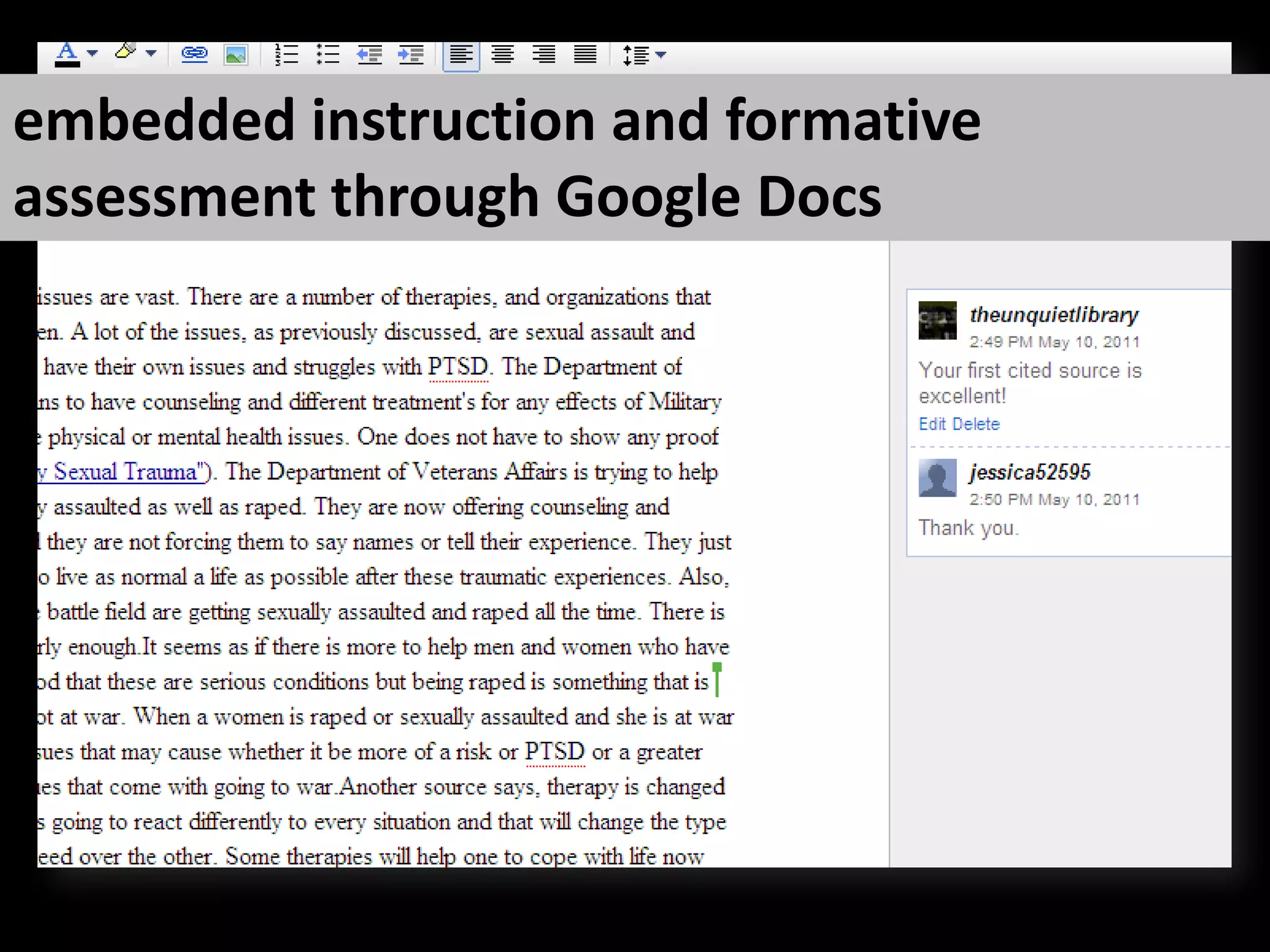 embedded instruction and formative assessment through Google Docs