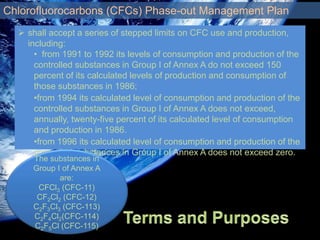  shall accept a series of stepped limits on CFC use and production,
including:
• from 1991 to 1992 its levels of consumption and production of the
controlled substances in Group I of Annex A do not exceed 150
percent of its calculated levels of production and consumption of
those substances in 1986;
•from 1994 its calculated level of consumption and production of the
controlled substances in Group I of Annex A does not exceed,
annually, twenty-five percent of its calculated level of consumption
and production in 1986.
•from 1996 its calculated level of consumption and production of the
controlled substances in Group I of Annex A does not exceed zero.
The substances in
Group I of Annex A
are:
CFCl3 (CFC-11)
CF2Cl2 (CFC-12)
C2F3Cl3 (CFC-113)
C2F4Cl2(CFC-114)
C2F5Cl (CFC-115)
Chlorofluorocarbons (CFCs) Phase-out Management Plan
 
