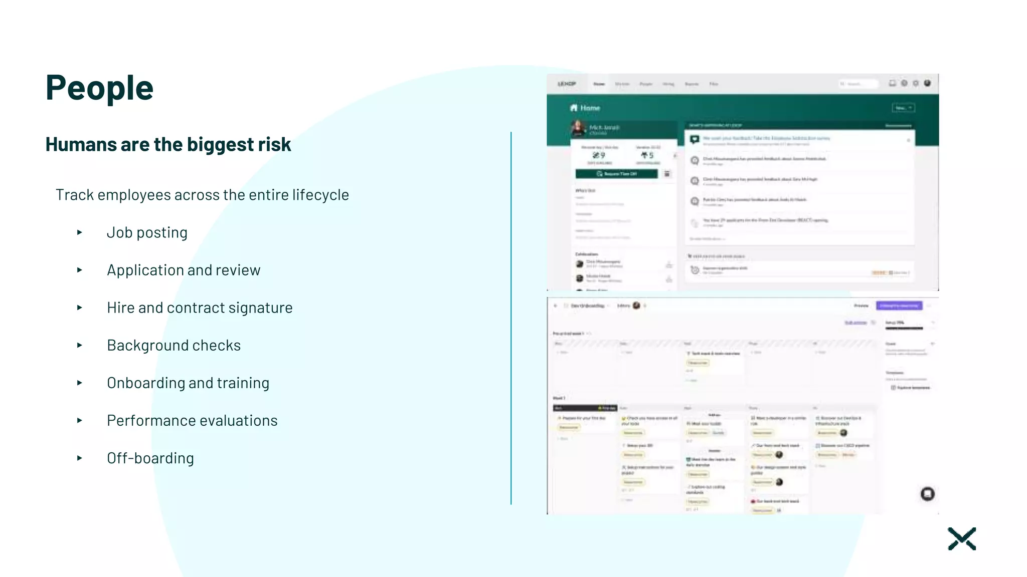 People
Humans are the biggest risk
Track employees across the entire lifecycle
▸ Job posting
▸ Application and review
▸ Hire and contract signature
▸ Background checks
▸ Onboarding and training
▸ Performance evaluations
▸ Off-boarding
 
