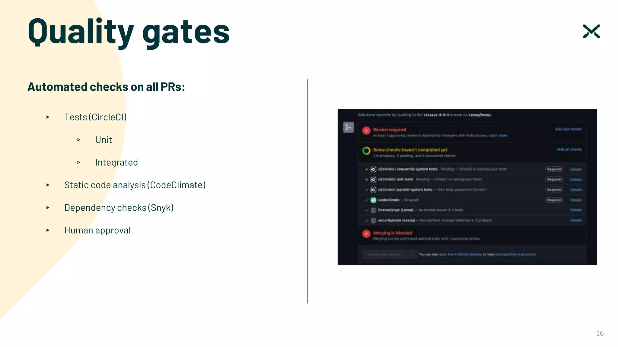 Quality gates
16
Automated checks on all PRs:
▸ Tests (CircleCI)
▹ Unit
▹ Integrated
▸ Static code analysis (CodeClimate)
▸ Dependency checks (Snyk)
▸ Human approval
 