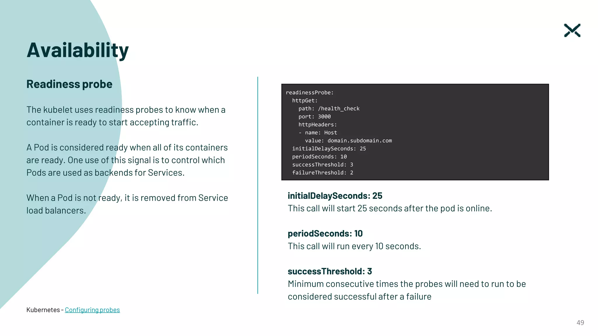 49
Availability
Readiness probe
The kubelet uses readiness probes to know when a
container is ready to start accepting traffic.
A Pod is considered ready when all of its containers
are ready. One use of this signal is to control which
Pods are used as backends for Services.
When a Pod is not ready, it is removed from Service
load balancers.
readinessProbe:
httpGet:
path: /health_check
port: 3000
httpHeaders:
- name: Host
value: domain.subdomain.com
initialDelaySeconds: 25
periodSeconds: 10
successThreshold: 3
failureThreshold: 2
initialDelaySeconds: 25
This call will start 25 seconds after the pod is online.
periodSeconds: 10
This call will run every 10 seconds.
successThreshold: 3
Minimum consecutive times the probes will need to run to be
considered successful after a failure
Kubernetes - Configuring probes
 