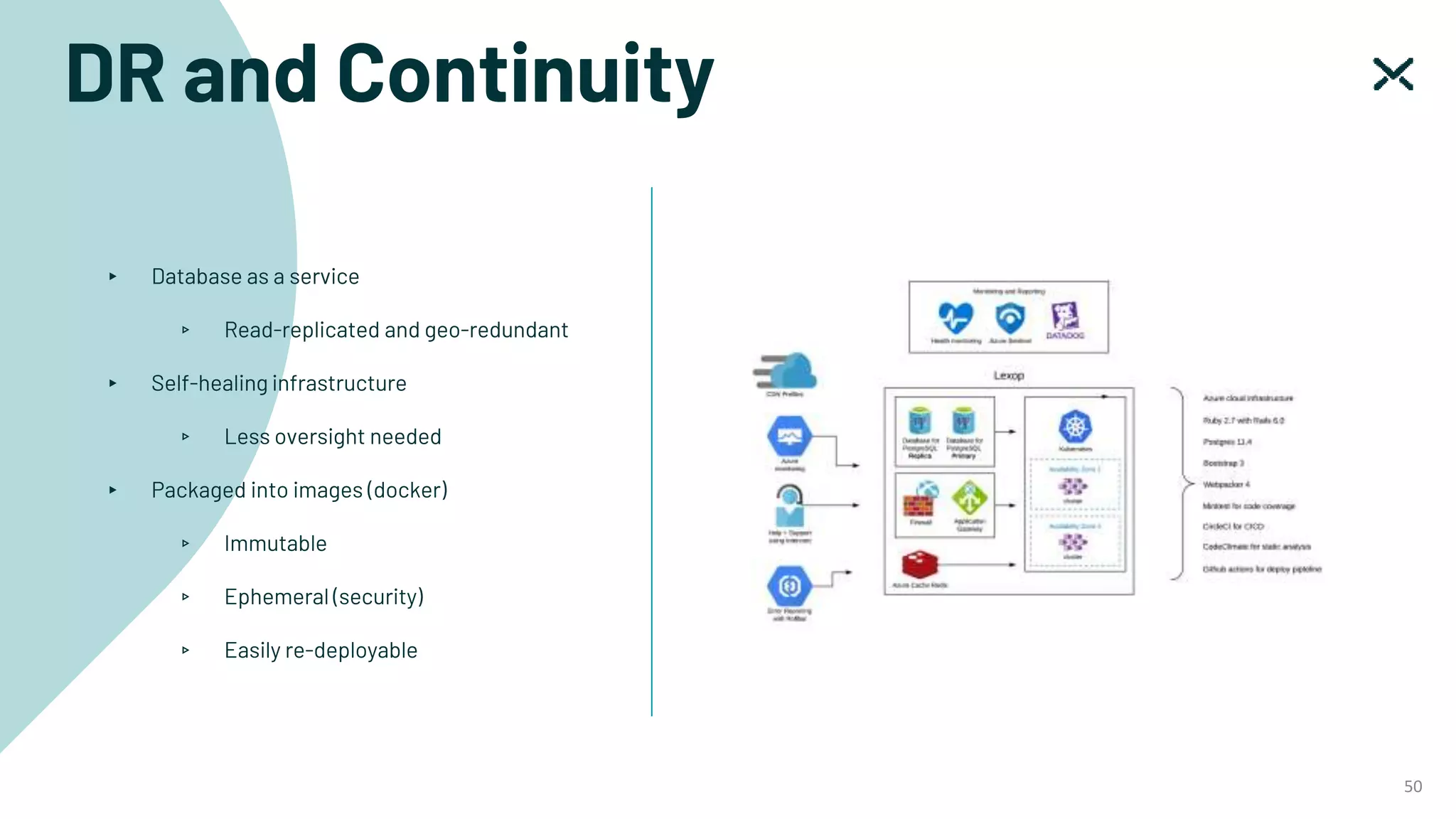 DR and Continuity
50
▸ Database as a service
▹ Read-replicated and geo-redundant
▸ Self-healing infrastructure
▹ Less oversight needed
▸ Packaged into images (docker)
▹ Immutable
▹ Ephemeral (security)
▹ Easily re-deployable
 