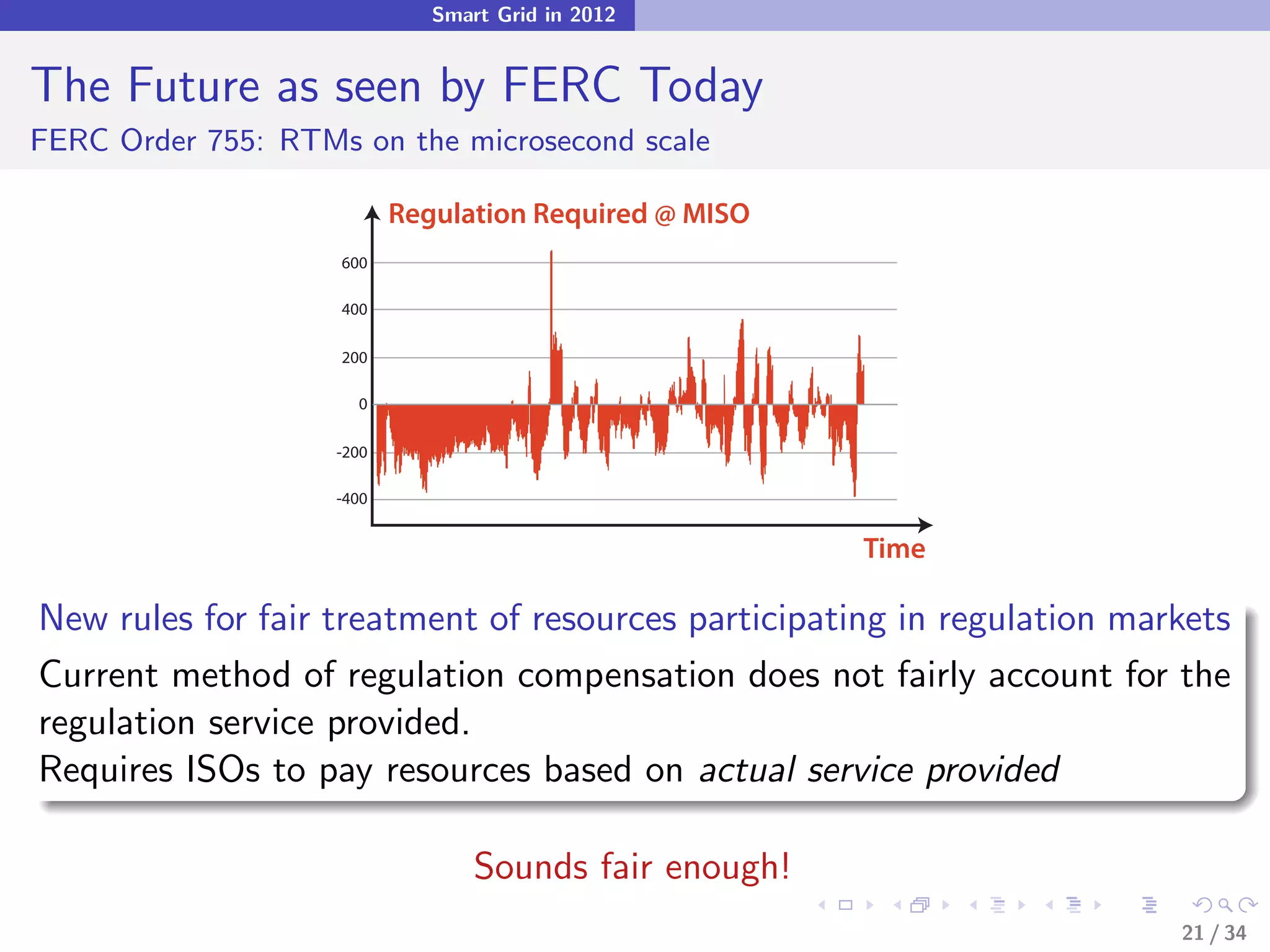 Smart Grid in 2012


The Future as seen by FERC Today
FERC Order 755: RTMs on the microsecond scale

                           Regulation Required @ MISO
                    600

                    400

                    200

                      0

                    -200

                    -400


                                                        Time

New rules for fair treatment of resources participating in regulation markets
Current method of regulation compensation does not fairly account for the
regulation service provided.
Requires ISOs to pay resources based on actual service provided

                                  Sounds fair enough!
                                                                         21 / 34
 