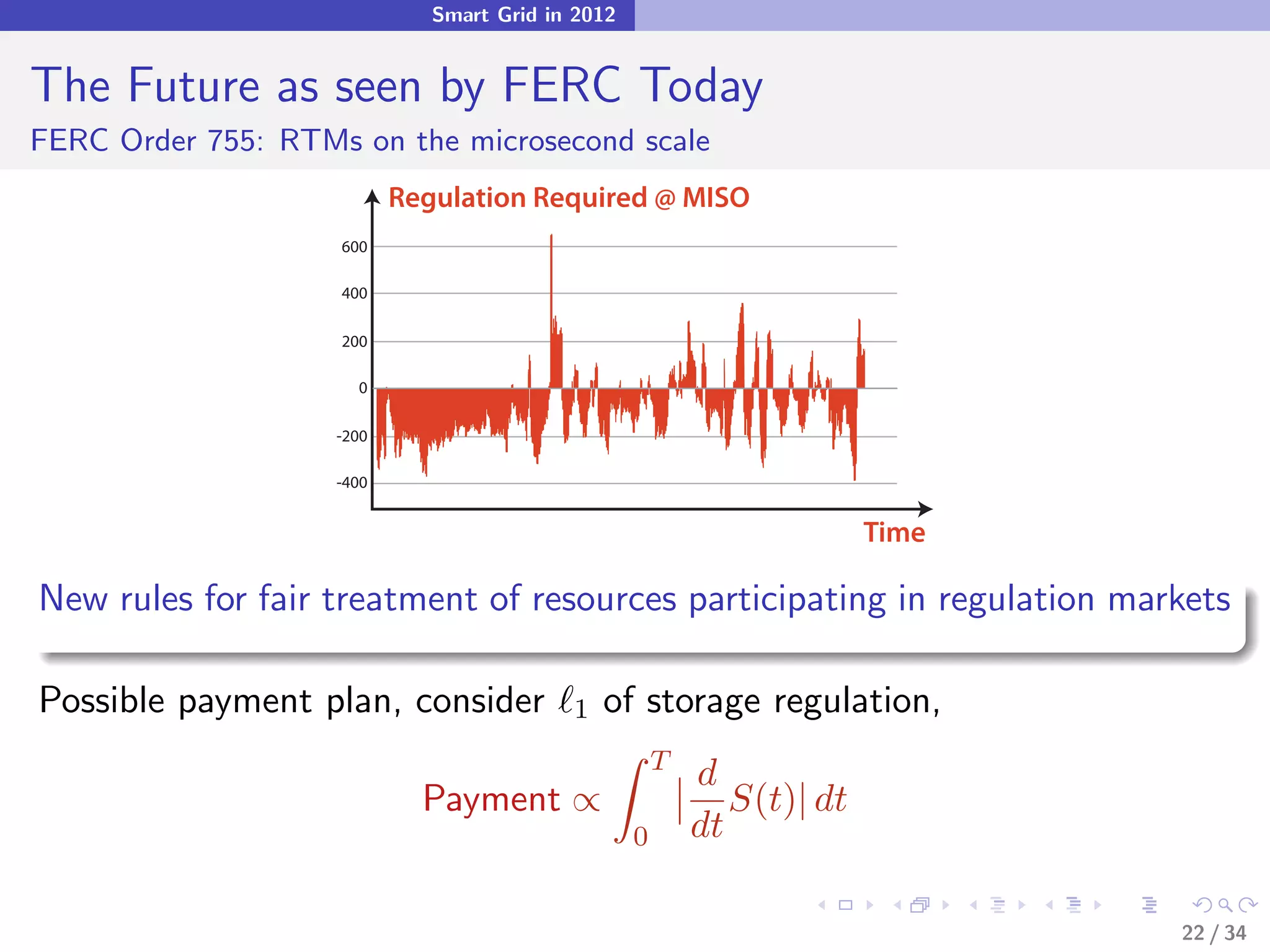 Smart Grid in 2012


The Future as seen by FERC Today
FERC Order 755: RTMs on the microsecond scale
                           Regulation Required @ MISO
                    600

                    400

                    200

                      0

                    -200

                    -400


                                                                         Time

New rules for fair treatment of resources participating in regulation markets

Possible payment plan, consider            1   of storage regulation,
                                                       T
                                                           d
                             Payment ∝                        S(t)| dt
                                                   0       dt

                                                                                22 / 34
 