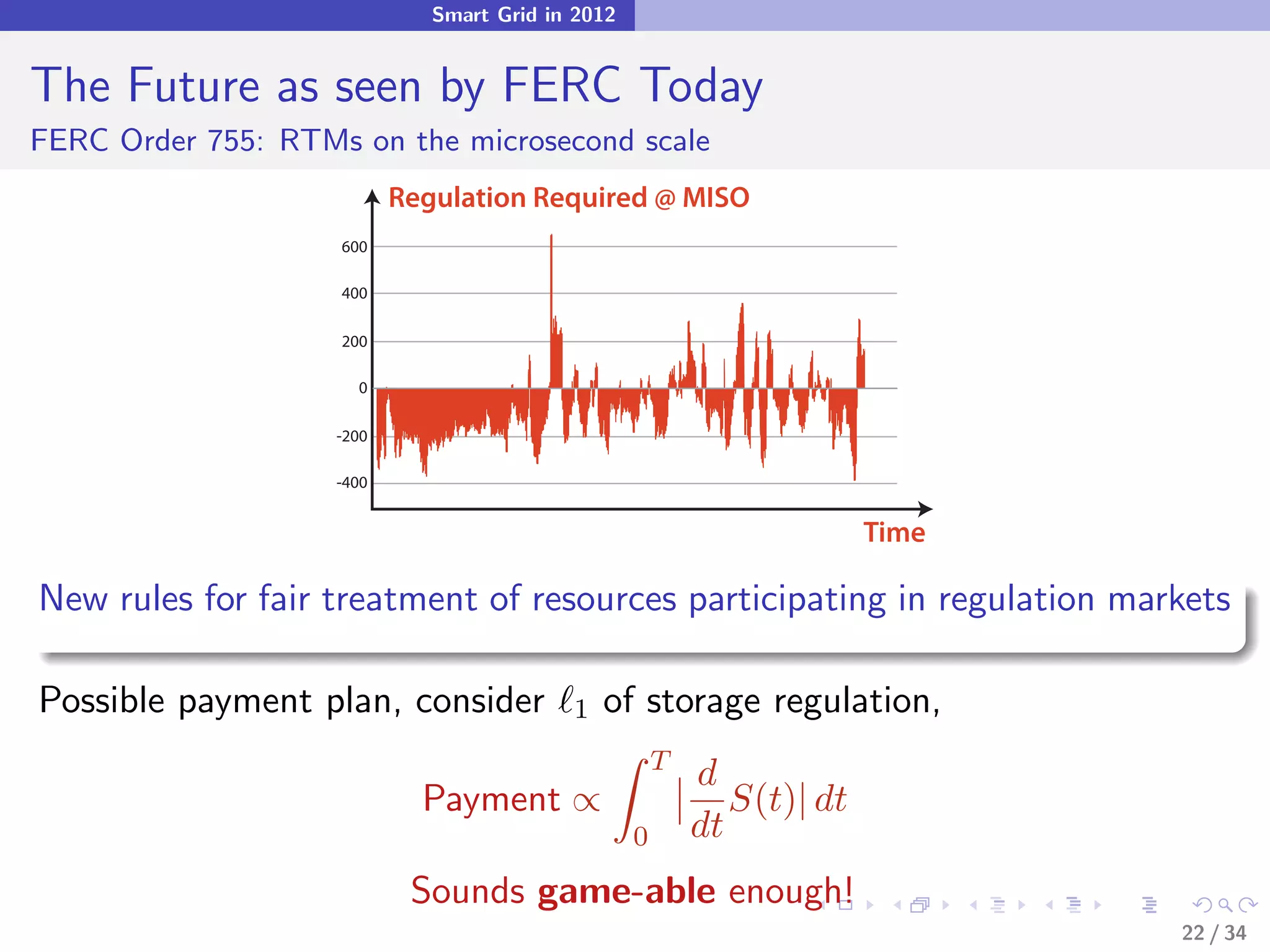 Smart Grid in 2012


The Future as seen by FERC Today
FERC Order 755: RTMs on the microsecond scale
                           Regulation Required @ MISO
                    600

                    400

                    200

                      0

                    -200

                    -400


                                                                         Time

New rules for fair treatment of resources participating in regulation markets

Possible payment plan, consider            1   of storage regulation,
                                                       T
                                                           d
                             Payment ∝                        S(t)| dt
                                                   0       dt
                            Sounds game-able enough!
                                                                                22 / 34
 