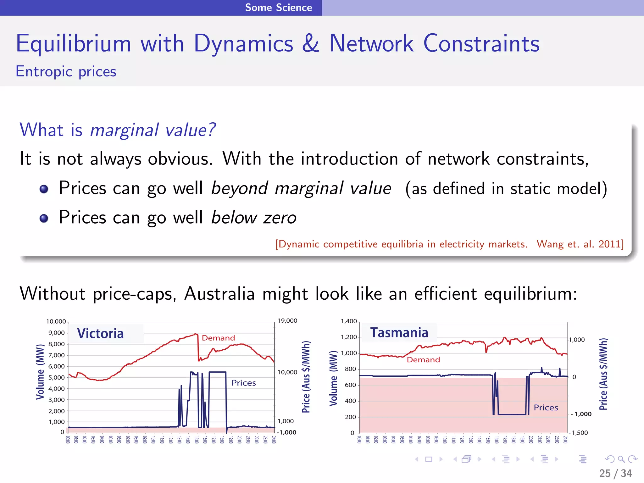Some Science


Equilibrium with Dynamics & Network Constraints
Entropic prices


What is marginal value?
It is not always obvious. With the introduction of network constraints,
                  Prices can go well beyond marginal value (as deﬁned in static model)
                  Prices can go well below zero
                                                                                                                                                                                                                  [Dynamic competitive equilibria in electricity markets. Wang et. al. 2011]



Without price-caps, Australia might look like an eﬃcient equilibrium:
            10,000                                                                                                                                                                                                     19,000                                     1,400
                9,000
                           Victoria                                                                                                            Demand                                                                                                             1,200      Tasmania                                                                                                                                                                                    1,000




                                                                                                                                                                                                                                                                                                                                                                                                                                                                                   Price (Aus $/MWh)
                8,000
                                                                                                                                                                                                                                Price (Aus $/MWh)
  Volume (MW)




                                                                                                                                                                                                                                                                  1,000
                                                                                                                                                                                                                                                    Volume (MW)
                7,000
                                                                                                                                                                                                                                                                                                                 Demand
                6,000                                                                                                                                                                                                                                              800
                                                                                                                                                                                                                       10,000
                5,000                                                                                                                                                                                                                                                                                                                                                                                                                                                     0
                                                                                                                                                                          Prices                                                                                   600
                4,000
                3,000                                                                                                                                                                                                                                              400
                2,000                                                                                                                                                                                                                                                                                                                                                                                                                Prices
                                                                                                                                                                                                                                                                   200                                                                                                                                                                                                   - 1,000
                1,000                                                                                                                                                                                                  1,000
                   0                                                                                                                                                                                               - 1,000                                           0                                                                                                                                                                                                   - 1,500
                       00:00
                       01:00
                               02:00
                                       03:00
                                               04:00
                                                       05:00
                                                               06:00
                                                                       07:00
                                                                               08:00
                                                                                       09:00
                                                                                               10:00
                                                                                                       11:00
                                                                                                               12:00
                                                                                                                       13:00
                                                                                                                               14:00
                                                                                                                                       15:00
                                                                                                                                               16:00
                                                                                                                                                       17:00
                                                                                                                                                               18:00
                                                                                                                                                                       19:00
                                                                                                                                                                               20:00
                                                                                                                                                                                       21:00
                                                                                                                                                                                               22:00
                                                                                                                                                                                                       23:00
                                                                                                                                                                                                               24:00




                                                                                                                                                                                                                                                                         00:00
                                                                                                                                                                                                                                                                         01:00
                                                                                                                                                                                                                                                                                 02:00
                                                                                                                                                                                                                                                                                         03:00
                                                                                                                                                                                                                                                                                                 04:00
                                                                                                                                                                                                                                                                                                         05:00
                                                                                                                                                                                                                                                                                                                 06:00
                                                                                                                                                                                                                                                                                                                         07:00
                                                                                                                                                                                                                                                                                                                                 08:00
                                                                                                                                                                                                                                                                                                                                         09:00
                                                                                                                                                                                                                                                                                                                                                 10:00
                                                                                                                                                                                                                                                                                                                                                         11:00
                                                                                                                                                                                                                                                                                                                                                                 12:00
                                                                                                                                                                                                                                                                                                                                                                         13:00
                                                                                                                                                                                                                                                                                                                                                                                 14:00
                                                                                                                                                                                                                                                                                                                                                                                         15:00
                                                                                                                                                                                                                                                                                                                                                                                                 16:00
                                                                                                                                                                                                                                                                                                                                                                                                         17:00
                                                                                                                                                                                                                                                                                                                                                                                                                 18:00
                                                                                                                                                                                                                                                                                                                                                                                                                         19:00
                                                                                                                                                                                                                                                                                                                                                                                                                                 20:00
                                                                                                                                                                                                                                                                                                                                                                                                                                         21:00
                                                                                                                                                                                                                                                                                                                                                                                                                                                 22:00
                                                                                                                                                                                                                                                                                                                                                                                                                                                         23:00
                                                                                                                                                                                                                                                                                                                                                                                                                                                                 24:00
                                                                                                                                                                                                                                                                                                                                                                                                                                                                                      25 / 34
 