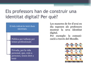 Riscos, elements a tenir en compte a l'hora de gestionar la identitat digitalConèixer els avantatges i els riscos de tenir una presència a Internet és fonamental per gestionar adequadament la identitat digital. Dominar les formes i les eines amb que cada persona pot construir la seva presència, visibilitat i reputació a la xarxa és imprescindible per continuar vivint en societat en l'era de la informació.		Tot allò que es publica a Internet hi queda per a la 		prosperitat i això pot tenir conseqüències futures en la 		imatge i la reputació personal. Allò que difons sobre tu 		mateix i el que t'envolta contribueix a escriure la 			memòria col·lectiva.