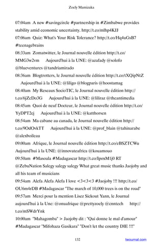 Zoely Mamizaka



07:04am A new #savingcircle #partnership in #Zimbabwe provides
stability amid economic uncertainty. http://t.co/mlhp4KJJ
07:06am Quiz: What's Your Risk Tolerance? http://t.co/Hq4uGsB7
#teenagebrains
08:33am Zomatwitter, le Journal nouvelle édition http://t.co/
MMG3w2vm ▸ Aujourd'hui à la UNE: @azafady @solofo
@blueventures @tandriamirado
08:36am Blogtrotters, le Journal nouvelle édition http://t.co/tXQipNtZ
▸ Aujourd'hui à la UNE: @liligo @blogparis @hoostamag
08:40am My Reseaux SocioTIC, le Journal nouvelle édition http://
t.co/6jZcDo3G ▸ Aujourd'hui à la UNE: @liliraz @theantimedia
08:45am Quoi de neuf Docteur, le Journal nouvelle édition http://t.co/
YyDPT2cj ▸ Aujourd'hui à la UNE: @katthorsen
08:54am Ma cabane au canada, le Journal nouvelle édition http://
t.co/9OdOvkTT ▸ Aujourd'hui à la UNE: @prof_blain @tahinarabe
@alexboileau
09:00am Afrique, le Journal nouvelle édition http://t.co/eBSZTCWu ▸
Aujourd'hui à la UNE: @innovateafrica @kouamouo
09:50am #Masoala #Madagascar http://t.co/IpoxM1j0 RT
@ZebuNation Salegy salegy salegy What great music thanks Jaojoby and
all his team of musicians
09:54am Alefa Alefa Alefa I love 333 #Jaojoby !!! http://t.co/
OU6m4rDB #Madagascar The march of 10,000 trees is on the road
09:57am Merci pour la mention Lisez Sickout Yann, le Journal ▸
aujourd'hui à la Une: @onuafrique @prettyzoely @cnntech ▸ http://
t.co/mSWdrYnk
10:00am Mahagomba  Jaojoby dit : Qui donne le mal d'amour
#Madagascar Mifohaza Gasikara Don't let the country DIE !!!


                                 132                        twournal.com
 