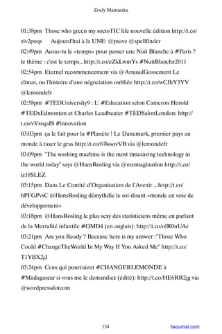 Zoely Mamizaka



01:38pm Those who green my socioTIC life nouvelle édition http://t.co/
ziv2poqs ▸ Aujourd'hui à la UNE: @psave @spellfinder
02:49pm Auras-tu le «temps» pour passer une Nuit Blanche à #Paris ?
le thème : c'est le temps...http://t.co/eZkLwmYs #NuitBlanche2011
02:54pm Eternel recommencement via @ArnaudGossement Le
climat, ou l'histoire d'une négociation oubliée http://t.co/wCJhY3YV
@lemondefr
02:58pm #TEDUniversity9 : L' #Education selon Cameron Herold
#TEDxEdmonton et Charles Leadbeater #TEDSalonLondon: http://
t.co/vVssqaIS #innovation
03:03pm ça le fait pour la #Planète ! Le Danemark, premier pays au
monde à taxer le gras http://t.co/6TwsovVB via @lemondefr
03:09pm The washing machine is the most timesaving technology in
the world today says @HansRosling via @ecomagination http://t.co/
iz18SLEZ
03:15pm Dans Le Comité d’Organisation de l’Avenir ...http://t.co/
hPFGPvsC @HansRosling démythifie le soi-disant «monde en voie de
développement»
03:18pm @HansRosling le plus sexy des statisticiens même en parlant
de la Mortalité infantile #OMD4 (en anglais): http://t.co/ofR0uUAe
03:21pm Are you Ready ? Because here is my answer :Those Who
Could #ChangeTheWorld In My Way If You Asked Me http://t.co/
T1YBX2jJ
03:24pm Ceux qui pourraient #CHANGERLEMONDE à
#Madagascar si vous me le demandiez (édité): http://t.co/HE6RR2jg via
@wordpressdotcom




                                134                         twournal.com
 