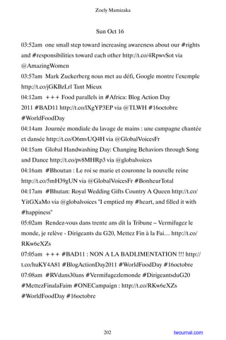 Zoely Mamizaka



                              Sun Oct 16

03:52am one small step toward increasing awareness about our #rights
and #responsibilities toward each other http://t.co/4RpwvSot via
@AmazingWomen
03:57am Mark Zuckerberg nous met au défi, Google montre l’exemple
http://t.co/jGKBzLrl Tant Mieux
04:12am +++ Food parallels in #Africa: Blog Action Day
2011 #BAD11 http://t.co/lXgYP3EP via @TLWH #16octobre
#WorldFoodDay
04:14am Journée mondiale du lavage de mains : une campagne chantée
et dansée http://t.co/O6mvUQ4H via @GlobalVoicesFr
04:15am Global Handwashing Day: Changing Behaviors through Song
and Dance http://t.co/pv8MHRp3 via @globalvoices
04:16am #Bhoutan : Le roi se marie et couronne la nouvelle reine
http://t.co/5mH39gUN via @GlobalVoicesFr #BonheurTotal
04:17am #Bhutan: Royal Wedding Gifts Country A Queen http://t.co/
YitGXaMo via @globalvoices I emptied my #heart, and filled it with
#happiness
05:02am Rendez-vous dans trente ans dit la Tribune – Vermifugez le
monde, je relève - Dirigeants du G20, Mettez Fin à la Fai… http://t.co/
RKw6eXZs
07:05am +++ #BAD11 : NON A LA BADLIMENTATION !!! http://
t.co/huKY4A81 #BlogActionDay2011 #WorldFoodDay #16octobre
07:08am #RVdans30ans #Vermifugezlemonde #DirigeantsduG20
#MettezFinalaFaim #ONECampaign : http://t.co/RKw6eXZs
#WorldFoodDay #16octobre




                                  202                        twournal.com
 