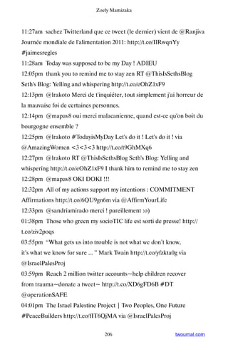 Zoely Mamizaka



11:27am sachez Twitterland que ce tweet (le dernier) vient de @Ranjiva
Journée mondiale de l'alimentation 2011: http://t.co/IlRwqnYy
#jaimesregles
11:28am Today was supposed to be my Day ! ADIEU
12:05pm thank you to remind me to stay zen RT @ThisIsSethsBlog
Seth's Blog: Yelling and whispering http://t.co/eOhZ1xF9
12:13pm @lrakoto Merci de t'inquiéter, tout simplement j'ai horreur de
la mauvaise foi de certaines personnes.
12:14pm @mapav8 oui merci malacanienne, quand est-ce qu'on boit du
bourgogne ensemble ?
12:25pm @lrakoto #TodayisMyDay Let's do it ! Let's do it ! via
@AmazingWomen 333 http://t.co/t9GhMXq6
12:27pm @lrakoto RT @ThisIsSethsBlog Seth's Blog: Yelling and
whispering http://t.co/eOhZ1xF9 I thank him to remind me to stay zen
12:28pm @mapav8 OKI DOKI !!!
12:32pm All of my actions support my intentions : COMMITMENT
Affirmations http://t.co/6QU9gn6m via @AffirmYourLife
12:33pm @sandriamirado merci ! pareillement :o)
01:38pm Those who green my socioTIC life est sorti de presse! http://
t.co/ziv2poqs
03:55pm “What gets us into trouble is not what we don’t know,
it’s what we know for sure ... ” Mark Twain http://t.co/yfzkta0g via
@IsraelPalesProj
03:59pm Reach 2 million twitter accounts~help children recover
from trauma~donate a tweet~ http://t.co/XD6gFD6B #DT
@operationSAFE
04:01pm The Israel Palestine Project | Two Peoples, One Future
#PeaceBuilders http://t.co/fIT6QjMA via @IsraelPalesProj


                                  206                          twournal.com
 