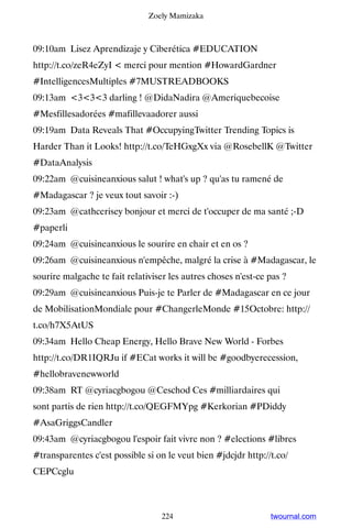 Zoely Mamizaka



09:10am Lisez Aprendizaje y Ciberética #EDUCATION
http://t.co/zeR4eZyI  merci pour mention #HowardGardner
#IntelligencesMultiples #7MUSTREADBOOKS
09:13am 333 darling ! @DidaNadira @Ameriquebecoise
#Mesfillesadorées #mafillevaadorer aussi
09:19am Data Reveals That #OccupyingTwitter Trending Topics is
Harder Than it Looks! http://t.co/TeHGxgXx via @RosebellK @Twitter
#DataAnalysis
09:22am @cuisineanxious salut ! what's up ? qu'as tu ramené de
#Madagascar ? je veux tout savoir :-)
09:23am @cathcerisey bonjour et merci de t'occuper de ma santé ;-D
#paperli
09:24am @cuisineanxious le sourire en chair et en os ?
09:26am @cuisineanxious n'empêche, malgré la crise à #Madagascar, le
sourire malgache te fait relativiser les autres choses n'est-ce pas ?
09:29am @cuisineanxious Puis-je te Parler de #Madagascar en ce jour
de MobilisationMondiale pour #ChangerleMonde #15Octobre: http://
t.co/h7X5AtUS
09:34am Hello Cheap Energy, Hello Brave New World - Forbes
http://t.co/DR1IQRJu if #ECat works it will be #goodbyerecession,
#hellobravenewworld
09:38am RT @cyriacgbogou @Ceschod Ces #milliardaires qui
sont partis de rien http://t.co/QEGFMYpg #Kerkorian #PDiddy
#AsaGriggsCandler
09:43am @cyriacgbogou l'espoir fait vivre non ? #elections #libres
#transparentes c'est possible si on le veut bien #jdcjdr http://t.co/
CEPCcglu



                                   224                          twournal.com
 