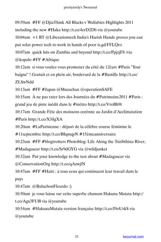 prettyzoely's Twournal



09:59am #FF @DjiaThink All Blacks v Wallabies Highlights 2011
including the new #Haka http://t.co/4crD2Db via @youtube
10:04am +1 RT @Liberationtech India's Harish Hande proves you can
put solar power tech to work in hands of poor is.gd/FFLQro
10:07am quick hits on Zambia and beyond http://t.co/PpjzjF8 /via
@kopalo #FF #Afrique
10:12am si vous voulez vous promener du côté du 12èarr #Paris Tout
baigne ! Gratuit et en plein air, boulevard de la #Bastille http://t.co/
ZLSwNdd
10:13am #FF #Japan @Muzachan @operationSAFE
10:15am À ne pas rater lors des Journées du #Patrimoine2011 #Paris :
grand jeu de piste inédit dans le #métro http://t.co/VroBh9t
10:17am Grande Fête des moissons corénne au Jardin d’Acclimatation
#Paris http://t.co/X3ilgXA
10:20am #LaParisienne : départ de la célèbre course féminine le
#11septembre http://t.co/BIqmqyN #15èmeanniversaire
10:23am #FF #blogtrotters Photoblog: Life Along the Tsiribihina River,
#Madagascar http://t.co/Sr9dGYG via @wildjunket
10:32am Put your knowledge to the test about #Madagascar via
@ConservationOrg http://t.co/qAzwjlN
10:47am #FF #Haiti : à tous ceux qui continuent leur travail dans le
pays
10:47am @BaluchonFleurdo :)
10:50am je vous laisse sur cette superbe chanson Hakuna Matata http://
t.co/Agx3FUB via @youtube
10:54am #HakunaMatata version française http://t.co/I9oUskS via
@youtube



                                    33                          twournal.com
 