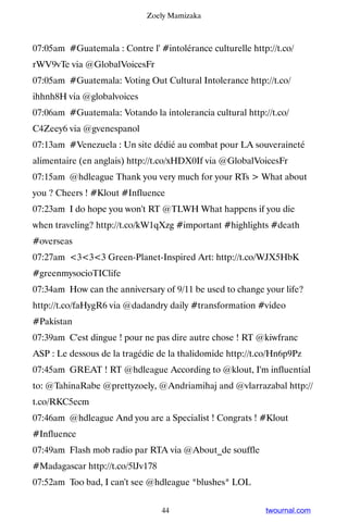 Zoely Mamizaka



07:05am #Guatemala : Contre l' #intolérance culturelle http://t.co/
rWV9vTe via @GlobalVoicesFr
07:05am #Guatemala: Voting Out Cultural Intolerance http://t.co/
ihhnh8H via @globalvoices
07:06am #Guatemala: Votando la intolerancia cultural http://t.co/
C4Zeey6 via @gvenespanol
07:13am #Venezuela : Un site dédié au combat pour LA souveraineté
alimentaire (en anglais) http://t.co/xHDX0If via @GlobalVoicesFr
07:15am @hdleague Thank you very much for your RTs  What about
you ? Cheers ! #Klout #Influence
07:23am I do hope you won't RT @TLWH What happens if you die
when traveling? http://t.co/kW1qXzg #important #highlights #death
#overseas
07:27am 333 Green-Planet-Inspired Art: http://t.co/WJX5HbK
#greenmysocioTIClife
07:34am How can the anniversary of 9/11 be used to change your life?
http://t.co/faHygR6 via @dadandry daily #transformation #video
#Pakistan
07:39am C'est dingue ! pour ne pas dire autre chose ! RT @kiwfranc
ASP : Le dessous de la tragédie de la thalidomide http://t.co/Hn6p9Pz
07:45am GREAT ! RT @hdleague According to @klout, I'm influential
to: @TahinaRabe @prettyzoely, @Andriamihaj and @vlarrazabal http://
t.co/RKC5ecm
07:46am @hdleague And you are a Specialist ! Congrats ! #Klout
#Influence
07:49am Flash mob radio par RTA via @About_de souffle
#Madagascar http://t.co/5lJv178
07:52am Too bad, I can't see @hdleague *blushes* LOL


                                  44                       twournal.com
 