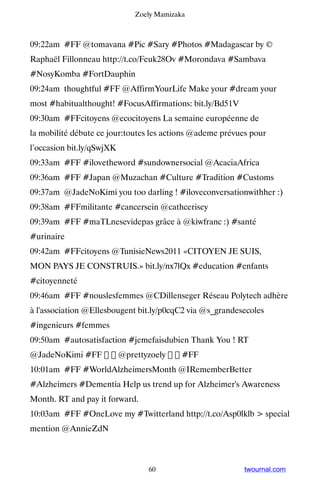 Zoely Mamizaka



09:22am #FF @tomavana #Pic #Sary #Photos #Madagascar by ©
Raphaël Fillonneau http://t.co/Feuk28Ov #Morondava #Sambava
#NosyKomba #FortDauphin
09:24am thoughtful #FF @AffirmYourLife Make your #dream your
most #habitualthought! #FocusAffirmations: bit.ly/Bd51V
09:30am #FFcitoyens @ecocitoyens La semaine européenne de
la mobilité débute ce jour:toutes les actions @ademe prévues pour
l’occasion bit.ly/qSwjXK
09:33am #FF #ilovetheword #sundownersocial @AcaciaAfrica
09:36am #FF #Japan @Muzachan #Culture #Tradition #Customs
09:37am @JadeNoKimi you too darling ! #iloveconversationwithher :)
09:38am #FFmilitante #cancersein @cathcerisey
09:39am #FF #maTLnesevidepas grâce à @kiwfranc :) #santé
#urinaire
09:42am #FFcitoyens @TunisieNews2011 «CITOYEN JE SUIS,
MON PAYS JE CONSTRUIS.» bit.ly/nx7lQx #education #enfants
#citoyenneté
09:46am #FF #nouslesfemmes @CDillenseger Réseau Polytech adhère
à l'association @Ellesbougent bit.ly/p0cqC2 via @s_grandesecoles
#ingenieurs #femmes
09:50am #autosatisfaction #jemefaisdubien Thank You ! RT
@JadeNoKimi #FF   @prettyzoely   #FF
10:01am #FF #WorldAlzheimersMonth @IRememberBetter
#Alzheimers #Dementia Help us trend up for Alzheimer's Awareness
Month. RT and pay it forward.
10:03am #FF #OneLove my #Twitterland http://t.co/Asp0lklb  special
mention @AnnieZdN



                                60                         twournal.com
 