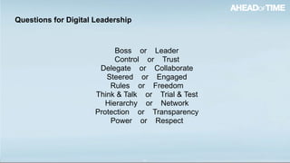 © 2016 Ahead of Time GmbHAhead of Time 37
Boss or Leader
Control or Trust
Delegate or Collaborate
Steered or Engaged
Rules or Freedom
Think & Talk or Trial & Test
Hierarchy or Network
Protection or Transparency
Power or Respect
Questions for Digital Leadership
 