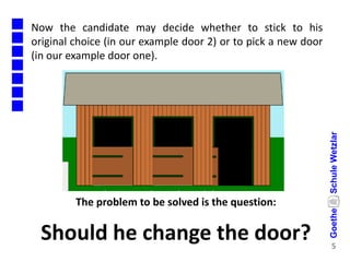 The problem to be solved is the question:
Should he change the door?
Now the candidate may decide whether to stick to his
original choice (in our example door 2) or to pick a new door
(in our example door one).
5
GoetheSchuleWetzlar
 