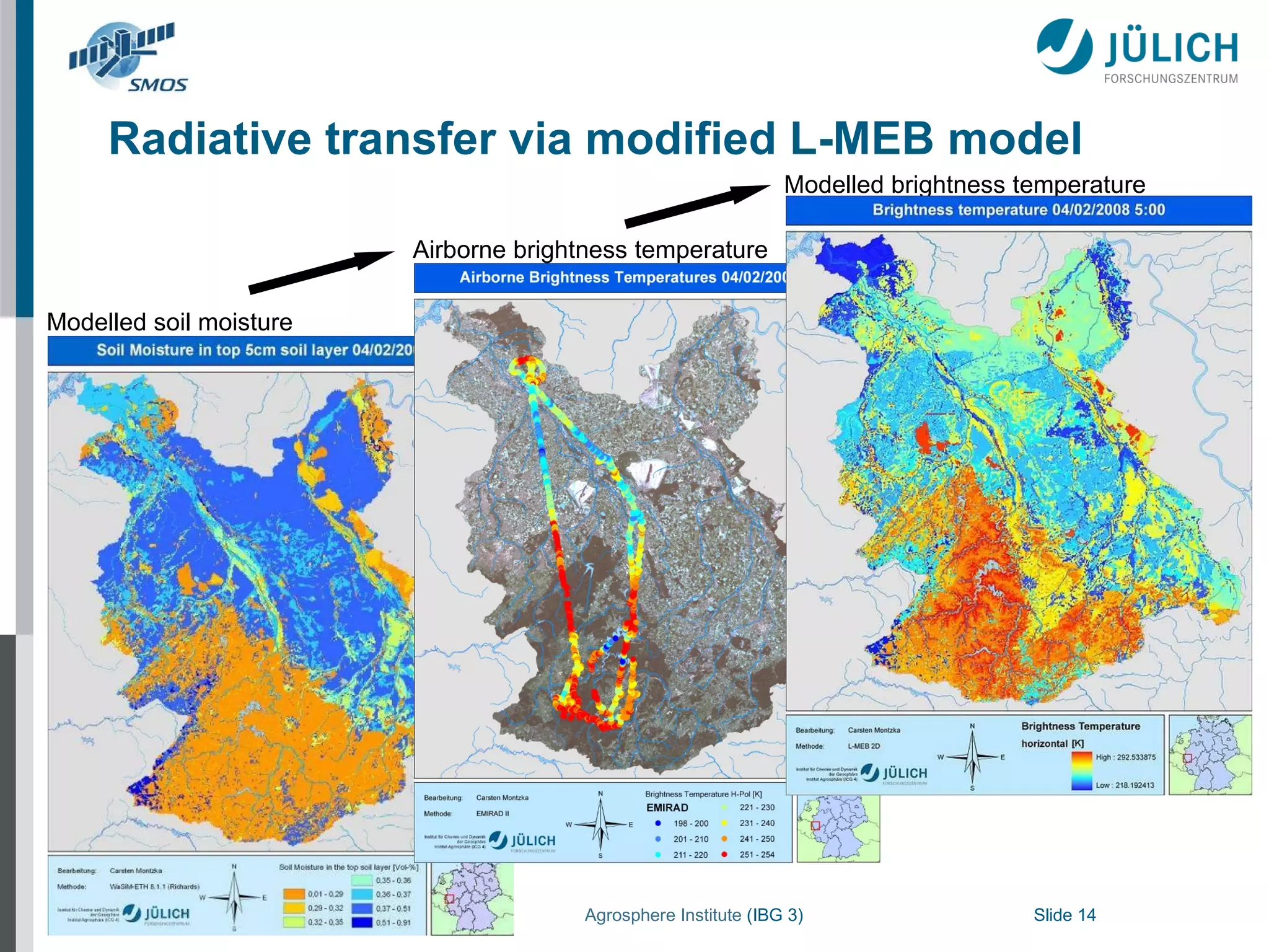 Radiative transfer via modified L-MEB model Modelled soil moisture Modelled brightness temperature Airborne brightness temperature 