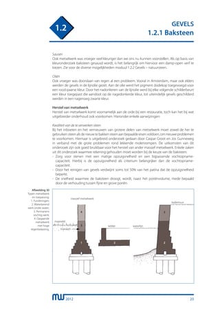 2012
GEVELS
1.2.1 Baksteen
1.2
23
Sausen
Ook metselwerk was vroeger veel kleuriger dan we ons nu kunnen voorstellen. Als op basis van
kleuronderzoek baksteen gesausd wordt, is het belangrijk om hiervoor een damp-open verf te
kiezen. Zie voor de diverse mogelijkheden moduul 1.2.2 Gevels – natuursteen.
Oliën
Ook vroeger was doorslaan van regen al een probleem. Vooral in Amsterdam, maar ook elders
werden de gevels in de lijnolie gezet. Aan de olie werd het pigment dodekop toegevoegd voor
een rood-paarse kleur. Door het nadonkeren van de lijnolie werd bij elke volgende schilderbeurt
een kleur toegepast die aansloot op de nagedonkerde kleur, tot uiteindelijk gevels geschilderd
werden in een nagenoeg zwarte kleur.
Herstel van metselwerk
Herstel van metselwerk komt voornamelijk aan de orde bij een restauratie, toch kan het bij wat
uitgebreider onderhoud ook voorkomen. Hieronder enkele aanwijzingen:
Kwaliteit van de te verwerken steen
Bij het inboeten en het vernieuwen van grotere delen van metselwerk moet zowel de her te
gebruikensteenalsdenieuwtebakkensteenaanbepaaldeeisenvoldoen,omnieuweproblemen
te voorkomen. Hiernaar is uitgebreid onderzoek gedaan door Caspar Groot en Jos Gunneweg
in verband met de grote problemen rond lekkende molenrompen. De uitkomsten van dit
onderzoek zijn ook goed bruikbaar voor het herstel van ander massief metselwerk. Enkele zaken
uit dit onderzoek waarmee rekening gehouden moet worden bij de keuze van de baksteen:
-	 Zorg voor stenen met een matige opzuigsnelheid en een bijpassende vochtopname-
	 capaciteit. Hierbij is de opzuigsnelheid als criterium belangrijker dan de vochtopname-
	 capaciteit.
-	 Door het reinigen van gevels verdwijnt soms tot 50% van het patina dat de opzuigsnelheid
	 beperkt.
-	 De snelheid waarmee de baksteen droogt, wordt, naast het poriënvolume, mede bepaald
	 door de verhouding tussen fijne en grove poriën.
1
massief metselwerk
waterlijn
maaiveld
kelder
trasraam
kademuur
3
22
4 3
Afbeelding 30
Typen metselwerk
en toepassing:
1. Funderingen;
2. Waterkerend
werk onder water;
3. Permanent
vochtig werk;
4. Opgaande
metselwerk
met hoge
regenbelasting.
 