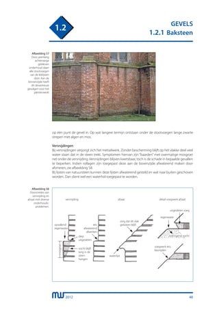 2012
GEVELS
1.2.1 Baksteen
1.2
op één punt de gevel in. Op wat langere termijn ontstaan onder de stootvoegen lange zwarte
strepen met algen en mos.
Versnijdingen
Bij versnijdingen verjongt zich het metselwerk. Zonder bescherming blijft op het vlakke deel veel
water staan dat in de steen trekt. Symptomen hiervan zijn “baarden” met overmatige mosgroei
net onder de versnijding. Versnijdingen blijven kwetsbaar, toch is de schade in bepaalde gevallen
te beperken. Indien rollagen zijn toegepast deze aan de bovenzijde afwaterend maken door
afsmeren, zie afbeelding 58.
Bij lijsten van natuursteen kunnen deze lijsten afwaterend gesteld en wat naar buiten geschoven
worden. Dan dient wel een waterhol toegepast te worden.
Afbeelding 57
Door jarenlang
achterwege
gebleven
onderhoud slaan
alle stootvoegen
van de leklijsten
door. Aan de
binnenzijde heeft
dit desastreuze
gevolgen voor het
pleisterwerk!
opvallend
regenwater
mosgroei
diep
uitgesleten
iets
afwaterend
afwerken
vocht blijft
lang in de
steen
hangen
versnijding afzaat detail voegwerk afzaat
zorg dat dit vlak
gelsoten blijft
waterlijst
regenwater
uitgesleten voeg
indringend vocht
voegwerk iets
besnijden
48
Afbeelding 58
Doorsnedes van
versnijding en
afzaat met diverse
onderhouds-
problemen.
 