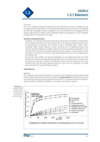 2012
GEVELS
1.2.1 Baksteen
1.2
“Gummen”:
Dit is een reinigingsmethode met poederachtig materiaal. Dit wervelt dan wel veegt langs de
vervuildegevel.Hetinslag-effectisnihilwaardoorzeerbeperktenigeverruwingvanhetoppervlak
ontstaat, die in bepaalde situaties acceptabel is. Het vuil wordt als het ware weggegumd. Het
systeem, afkomstig uit Frankrijk, wordt in Nederland regelmatig toegepast voor zeer kwetsbare
ondergronden met hardnekkige vervuiling.
Speciale reinigingstechnieken
-	 Laserblast is een reinigingsmethode met behulp van laserstralen. De energie van het laserlicht
	 wordt geabsorbeerd door het vuil, dat wordt verhit en vervolgens verdampt, geholpen door
	 de optredende mini-schokgolf. Het voordeel is dat er nauwelijks afval is, geen milieu-
	 schadelijke stoffen worden gebruikt en geen verruwing van het oppervlak ontstaat. Zeer
	 geschikt voor lichte (kalk)stenen beelden. Alleen toe te passen bij kleine oppervlaktes in zeer
	 speciale situaties. Bij de grootschalige toepassing bij het reinigen van de zandsteen gevels
	 van stadhuis in Rotterdam was de ervaring negatief. Naderhand trad hierbij verkleuring van
	 de zandsteen op.
-	 Het reinigen door middel van ijskorrels bestaande uit vast koolzuurgas. Door de sterke
	 afkoeling van het baksteenoppervlak gevoegd bij de enorme uitzetting van het koolzuur van
	 een vaste vorm naar gas, ontstaat een reinigende werking. De korrels werken als een straal-
	 middel! Het kan ook zeer goed gebruikt worden om verf en teer te verwijderen. Dit wordt
	 bros en laat zich dan vrij gemakkelijk verwijderen.
Hydrofobering
Algemeen
Het voorkomen dat gevels nat worden en doorslaan, heet hydrofoberen ofwel waterwerend
maken. Omdat baksteen poriën bevat, is het oppervlak waterminnend (hydrofiel), het zuigt water
op en laat damp door. Een hoog vochtgehalte van de steen in combinatie met vocht-transporten
zorgt voor allerlei schadelijk neveneffecten, zoutuitbloei, vorstschade, mosgroei.
Afbeelding 72
Duidelijk is te zien
hoeveel invloed
een waterwerend
middel heeft op
het verdampen,
zelfs bij een bijen-
was.
61
 