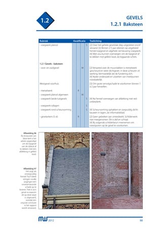 2012
GEVELS
1.2.1 Baksteen
1.2
88
Rubriek Kwalificatie Toelichting
- voegwerk platvol S [2] Over het gehele gevelvlak diep uitgesleten en/of
verzand. [3] Binnen 2-5 jaar rekenen op uitgebreid
herstel topgevel en algehele vernieuwing voegwerk.
[4] Men zou kunnen overwegen om de topgevel af
te dekken met gefelst lood, zie bijgaande schets.
1.2.1 Gevels - baksteen
- oost- en zuidgevel M [2] Verspreid over de muurvlakken is metselwerk
gescheurd en weer dichtgezet. In deze scheuren zit
werking. Vermoedelijk zet de fundering zich.
[4] Nader onderzoek en uitzetten van meetpunten
noodzakelijk.
Westgevel voorhuis [3] Om grote vervolgschade te voorkomen binnen 1
à 2 jaar herstellen.
- metselwerk R
- voegwerk platvol algemeen M
- voegwerk beide tuitgevels S [4] Na herstel overwegen van afdekking met red-
cedarplank.
- voegwerk rollagen S
- voegwerk rond scheurvorming S [4] Scheurvorming ophakken en zorgvuldig dicht-
kauwen in lagen, zie informatieblad.
- gevelankers (5 st) R [2] Geen gebreken aan smeedwerk. Schilderwerk
niet meegenomen. Dit is dof en schraal.
[4] Bij volgende schilderbeurt meenemen om
roestsporen op de gevel te voorkomen.
Afbeelding 96
Bij restauratie van
deze kerk is het
advies opgevolgd
om de topgevel
van de zijbeuk af
te dekken met een
afdekking in gefelst
lood.
Afbeelding 97
Het oogt als
onzorgvuldig
herstel. Toch bleek
reinigen na alle
pogingen een
onverantwoorde
schade op te
leveren. Trek in zo’n
geval na waarom
dit op deze wijze
is uitgevoerd,
voordat een
onjuiste conclusie
in het rapport
wordt verwoord.
 