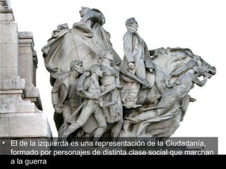 El de la izquierda es una representación de la Ciudadanía, formado por personajes de distinta clase social que marchan a la guerra  