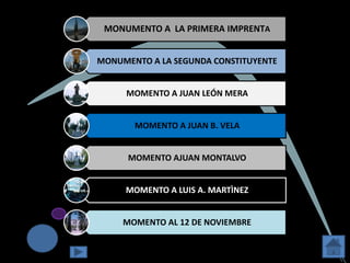 MONUMENTO A LA PRIMERA IMPRENTA


MONUMENTO A LA SEGUNDA CONSTITUYENTE


     MOMENTO A JUAN LEÓN MERA


       MOMENTO A JUAN B. VELA


      MOMENTO AJUAN MONTALVO


     MOMENTO A LUIS A. MARTÌNEZ


     MOMENTO AL 12 DE NOVIEMBRE
 