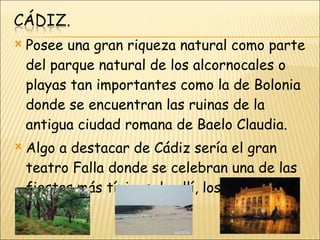 Posee una gran riqueza natural como parte del parque natural de los alcornocales o playas tan importantes como la de Bolonia donde se encuentran las ruinas de la antigua ciudad romana de Baelo Claudia. Algo a destacar de Cádiz sería el gran teatro Falla donde se celebran una de las fiestas más típicas de allí, los carnavales. 