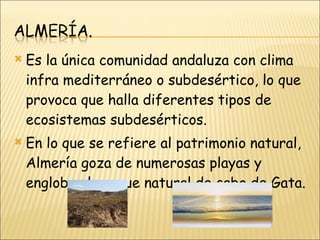 Es la única comunidad andaluza con clima infra mediterráneo o subdesértico, lo que provoca que halla diferentes tipos de ecosistemas subdesérticos.  En lo que se refiere al patrimonio natural, Almería goza de numerosas playas y engloba al parque natural de cabo de Gata. 