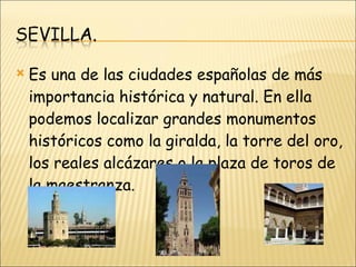 Es una de las ciudades españolas de más importancia histórica y natural. En ella podemos localizar grandes monumentos históricos como la giralda, la torre del oro, los reales alcázares o la plaza de toros de la maestranza.  